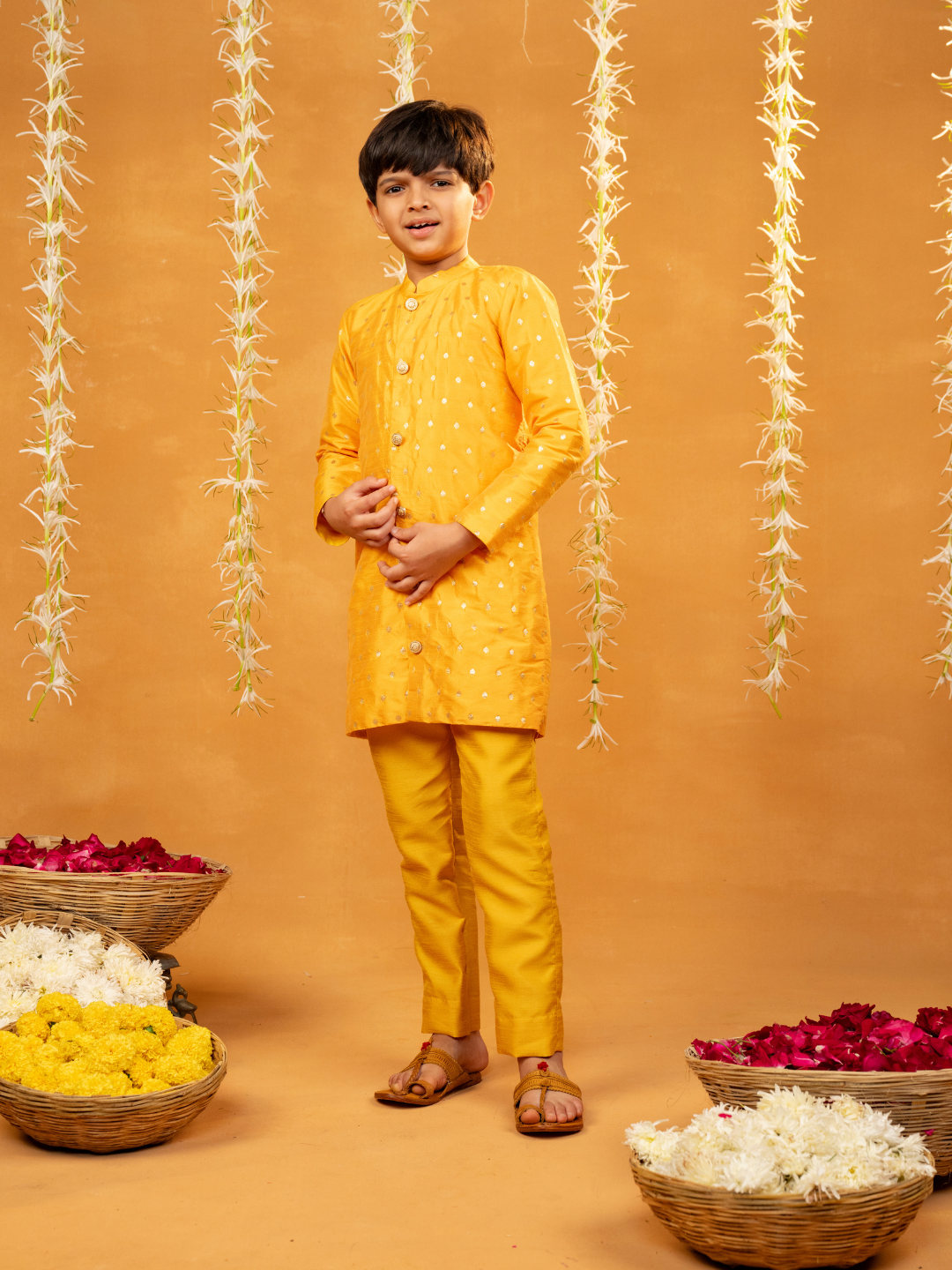 Yellow Kurta with Golden Buti and Pant (Set of 2)