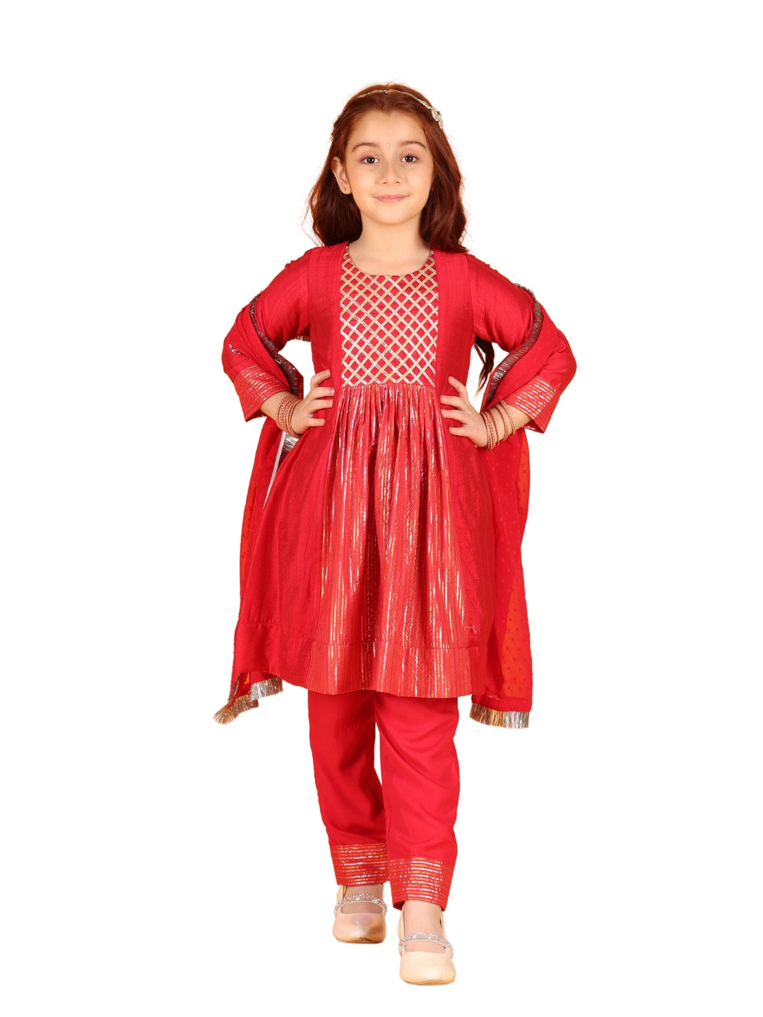 Jilmil Girls Anarkali Pink Silk Dress with Pant & Dupatta (set of 3)