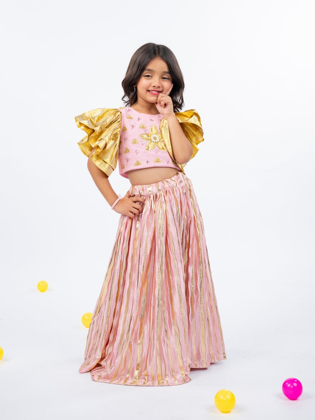 Golden Patch and Mirror Handworked Ruffled Sleeve Light Pink Top with Golden Striped Light Pink Bottom (Set of 2)