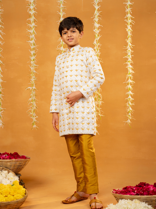 Embroidered Off-White Kurta and Mustard Coloured Pant (Set of 2)