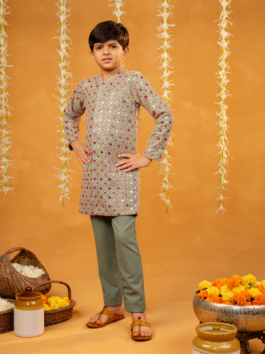 Pista Green Mirror Embroidered Kurta and Pant (Set of 2)