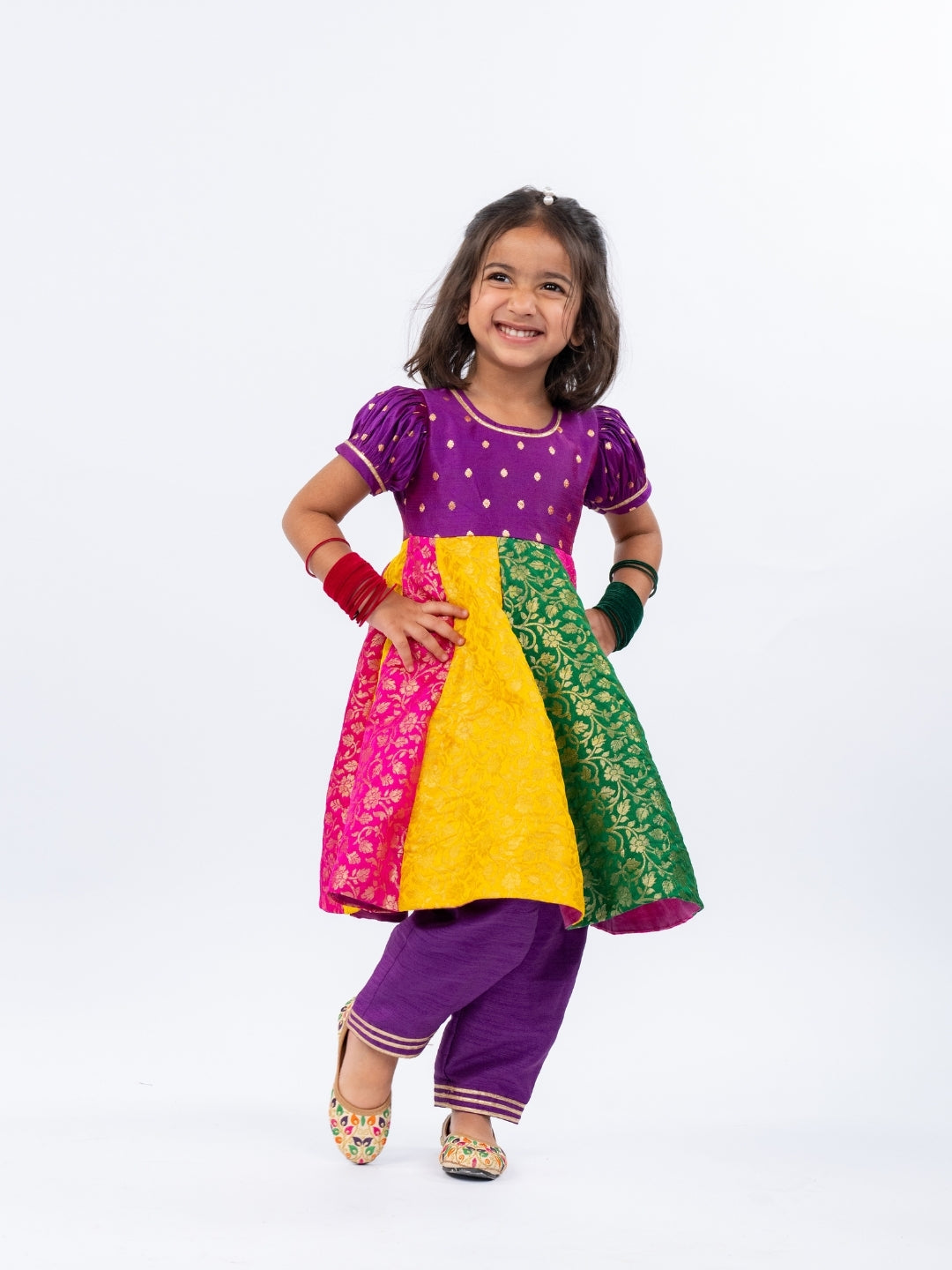 Multicoloured Banarasi Anarkali Kurta and Purple Pant with Yellow Dupatta (Set of 3)