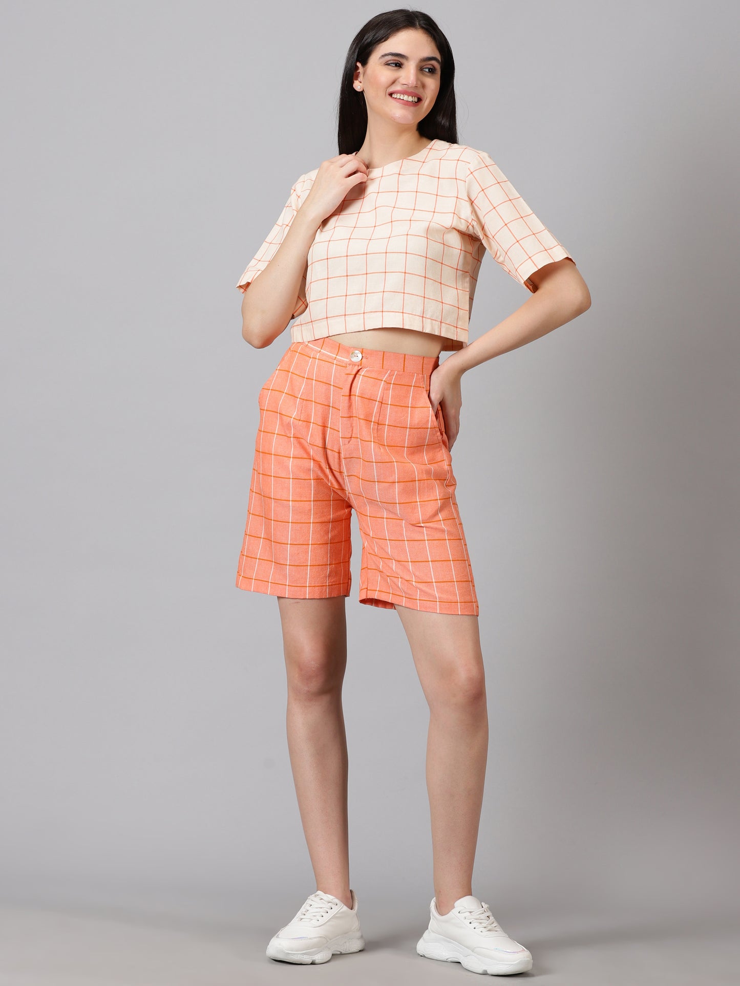 Peach Checks Cotton Crop Top & Shorts