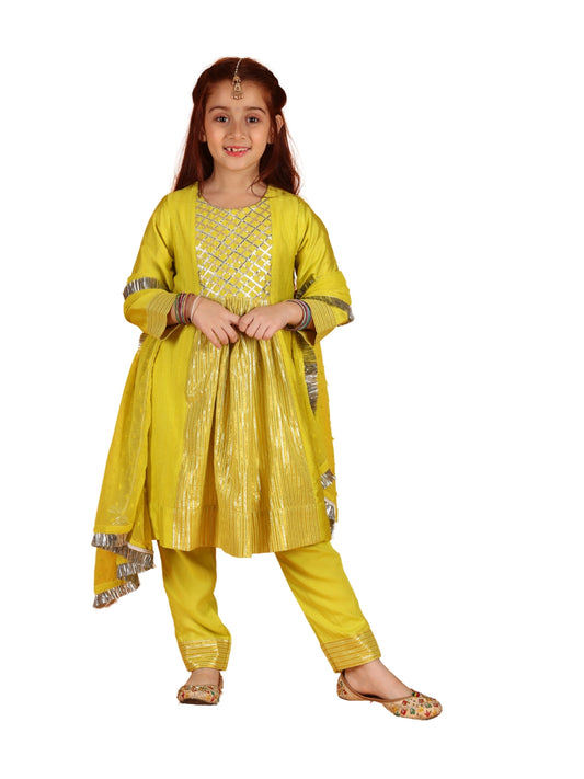 Jilmil Girls Anarkali Neon Yellow Silk Dress with Pant & Dupatta (set of 3)