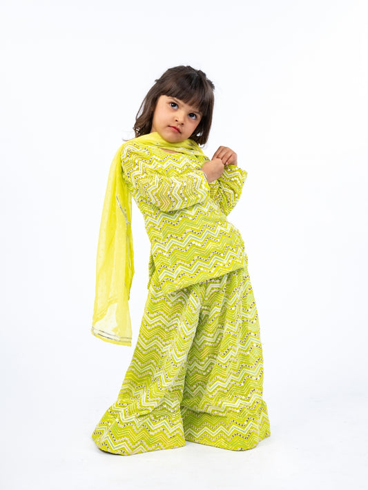 Lime Green Sharara Suit with Dupatta (Set of 3)