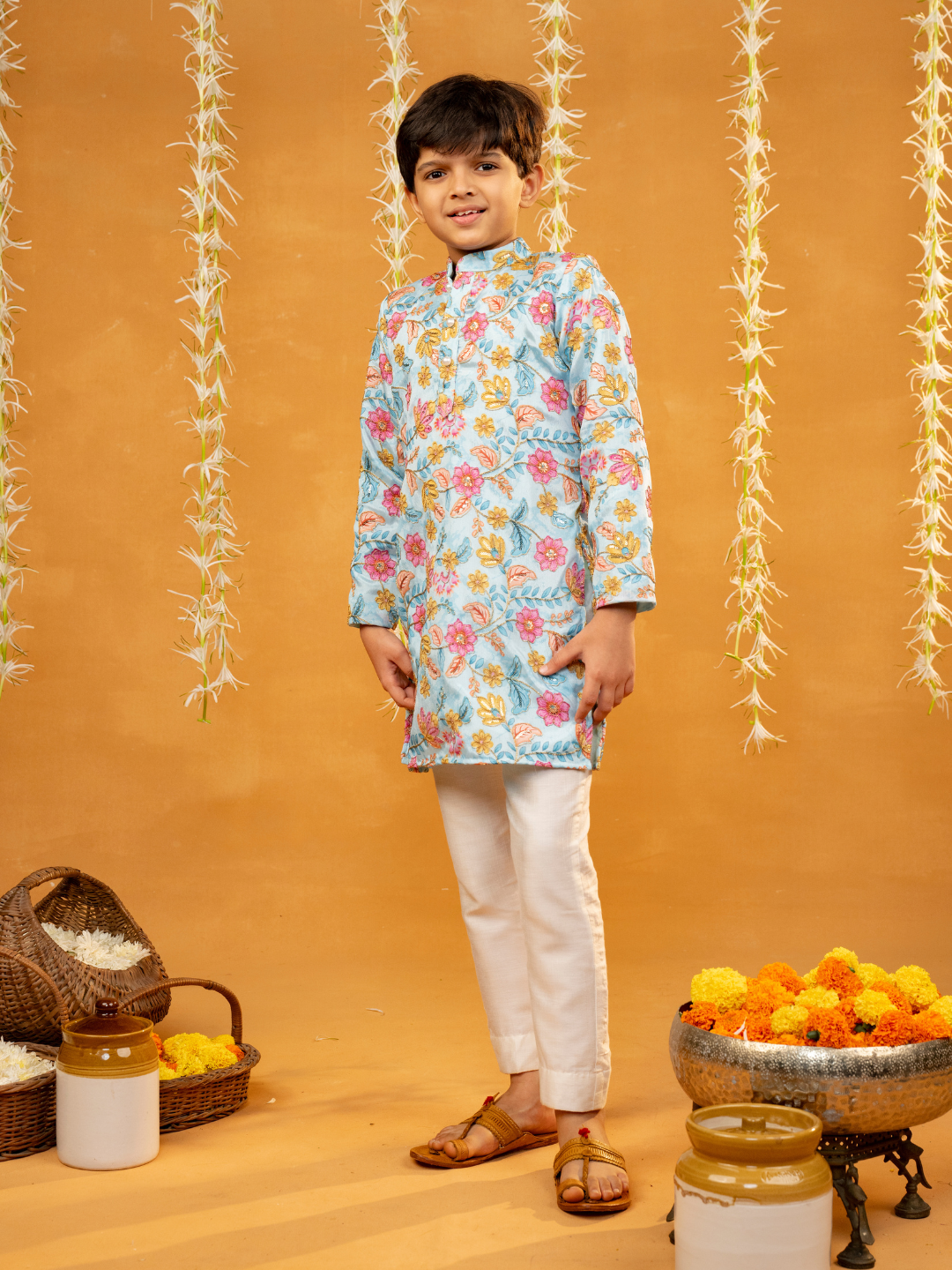 Flower Embroidered Sky Blue Kurta and Pant (Set of 2)