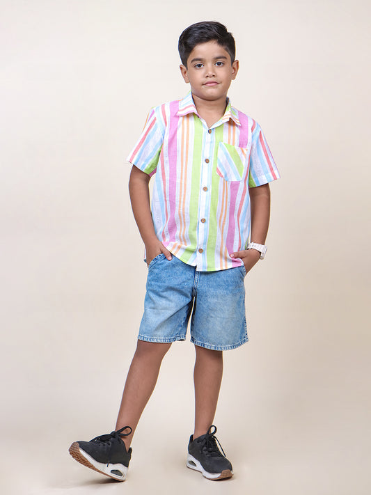 Boys Neon Stripes Half Sleeve Cotton Shirt