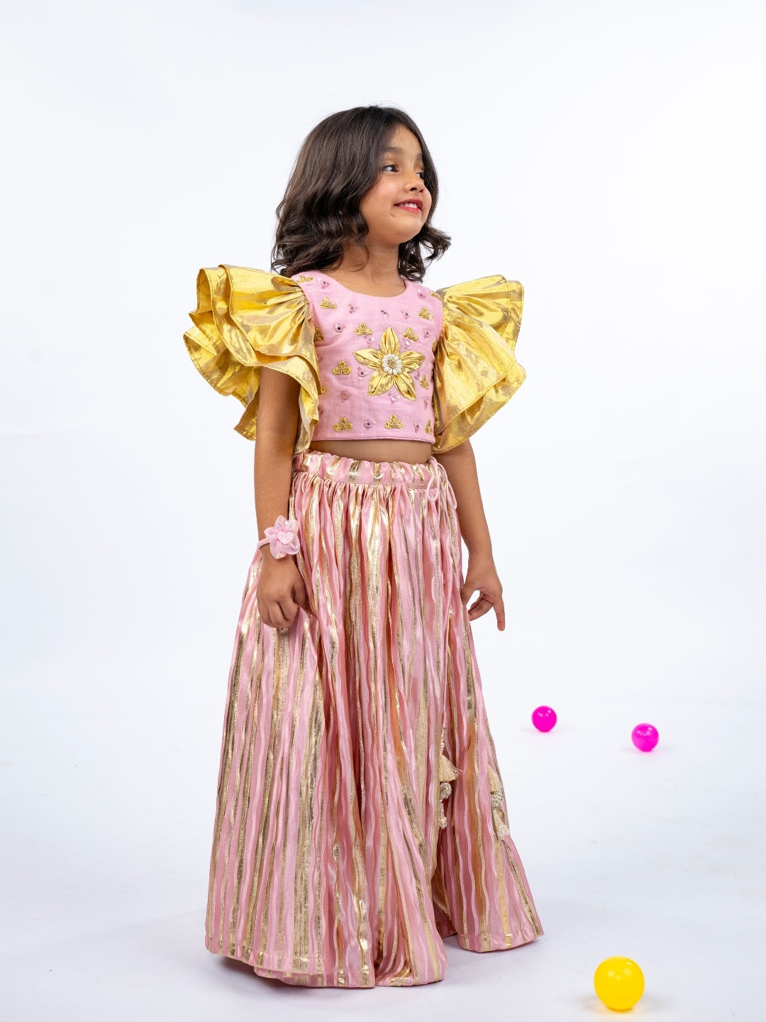 Golden Patch and Mirror Handworked Ruffled Sleeve Light Pink Top with Golden Striped Light Pink Bottom (Set of 2)