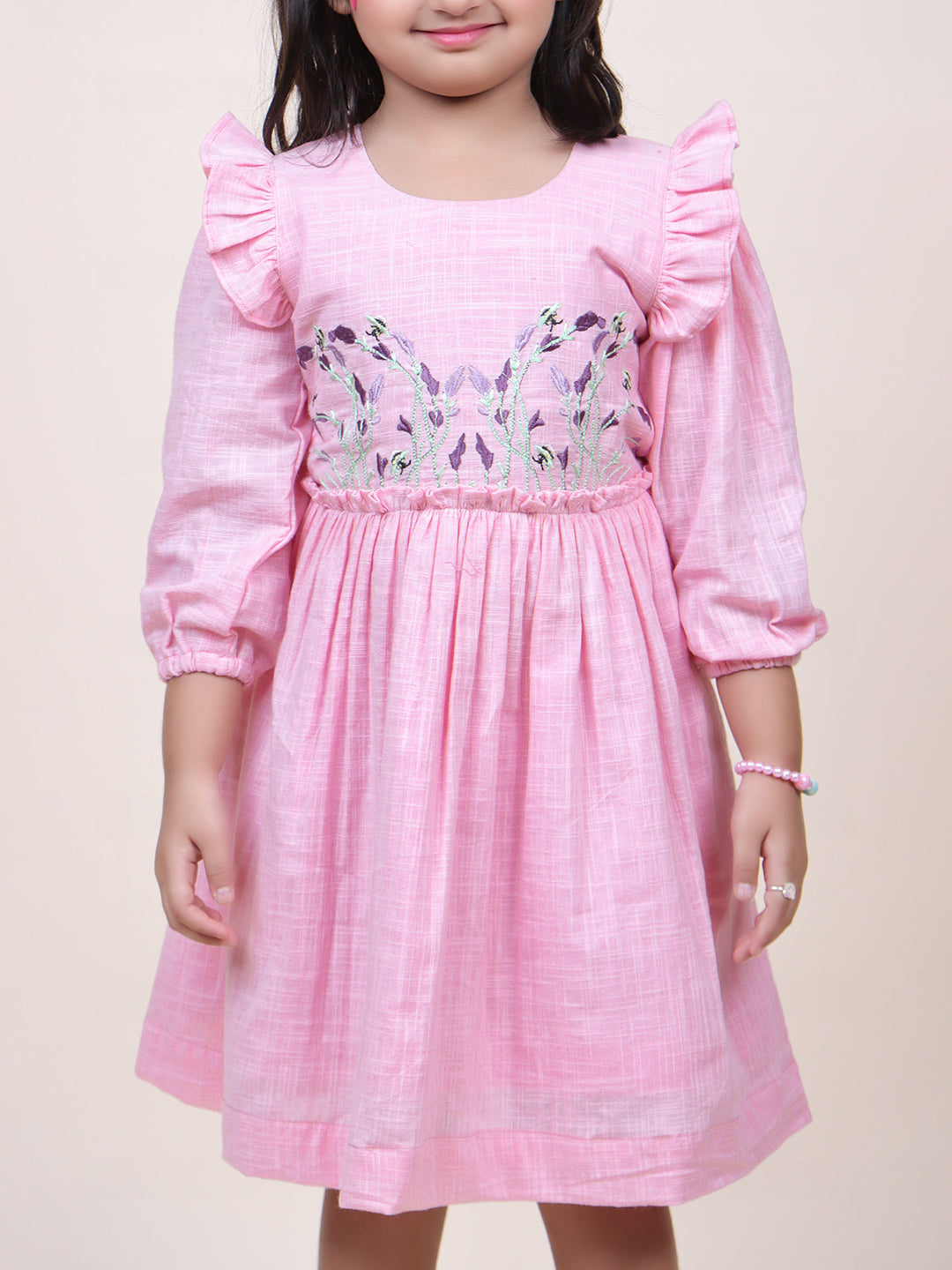Girls Pink Embroidred Cotton dress