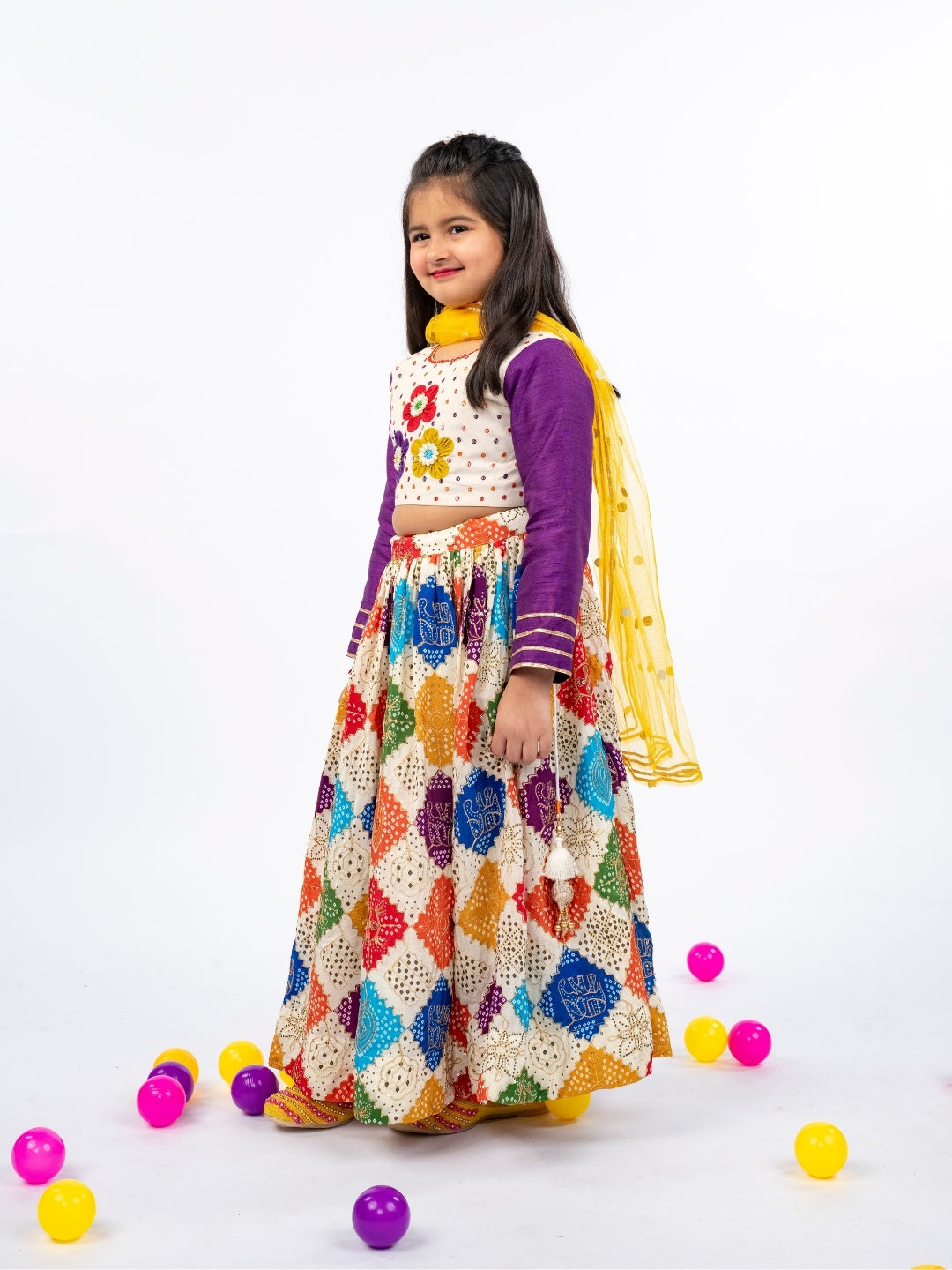 Off White & Purple Hand Embroidered Top and Multicoloured Embroidered Lehenga with Yellow Dupatta (Set of 3)