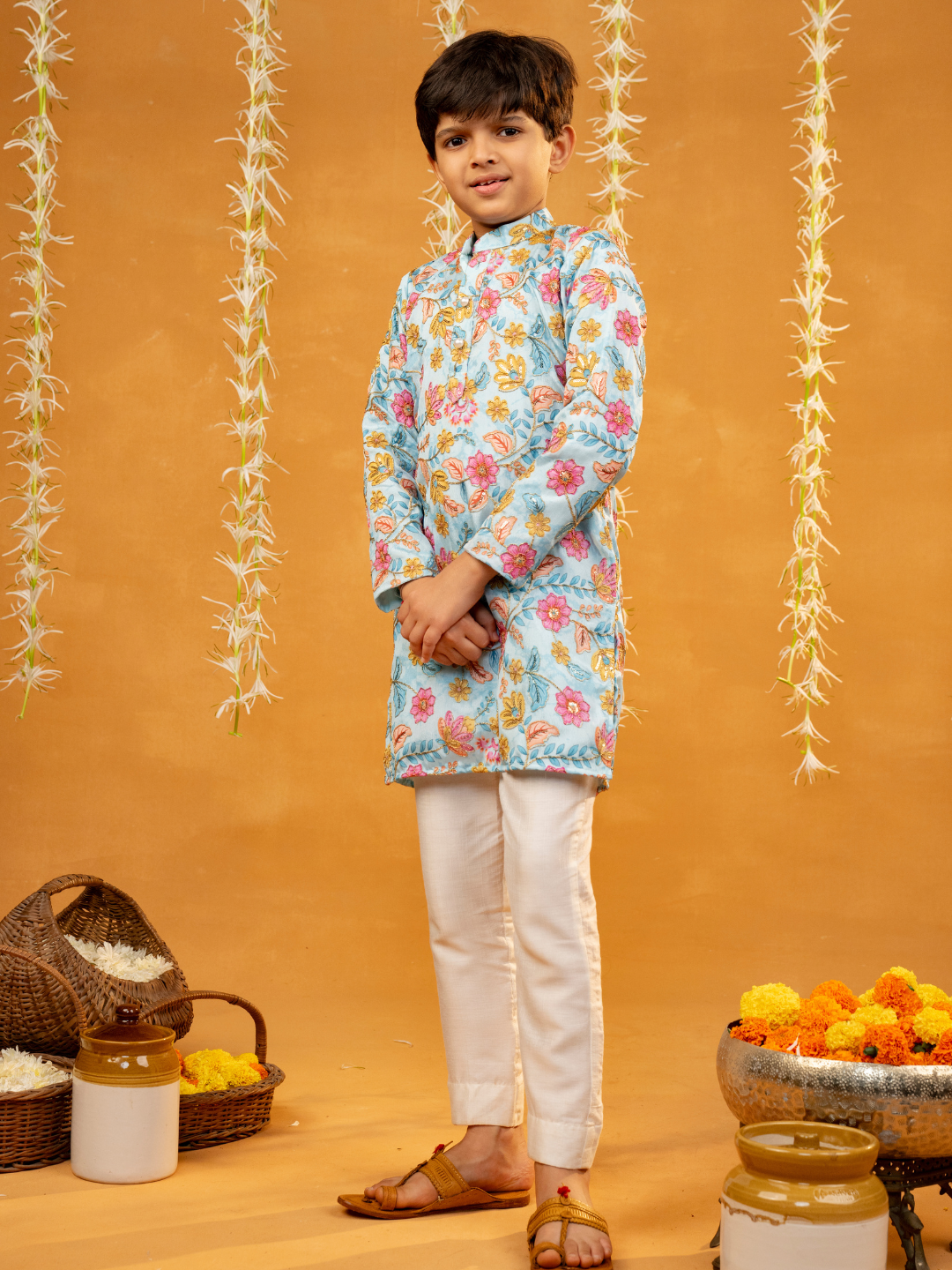 Flower Embroidered Sky Blue Kurta and Pant (Set of 2)