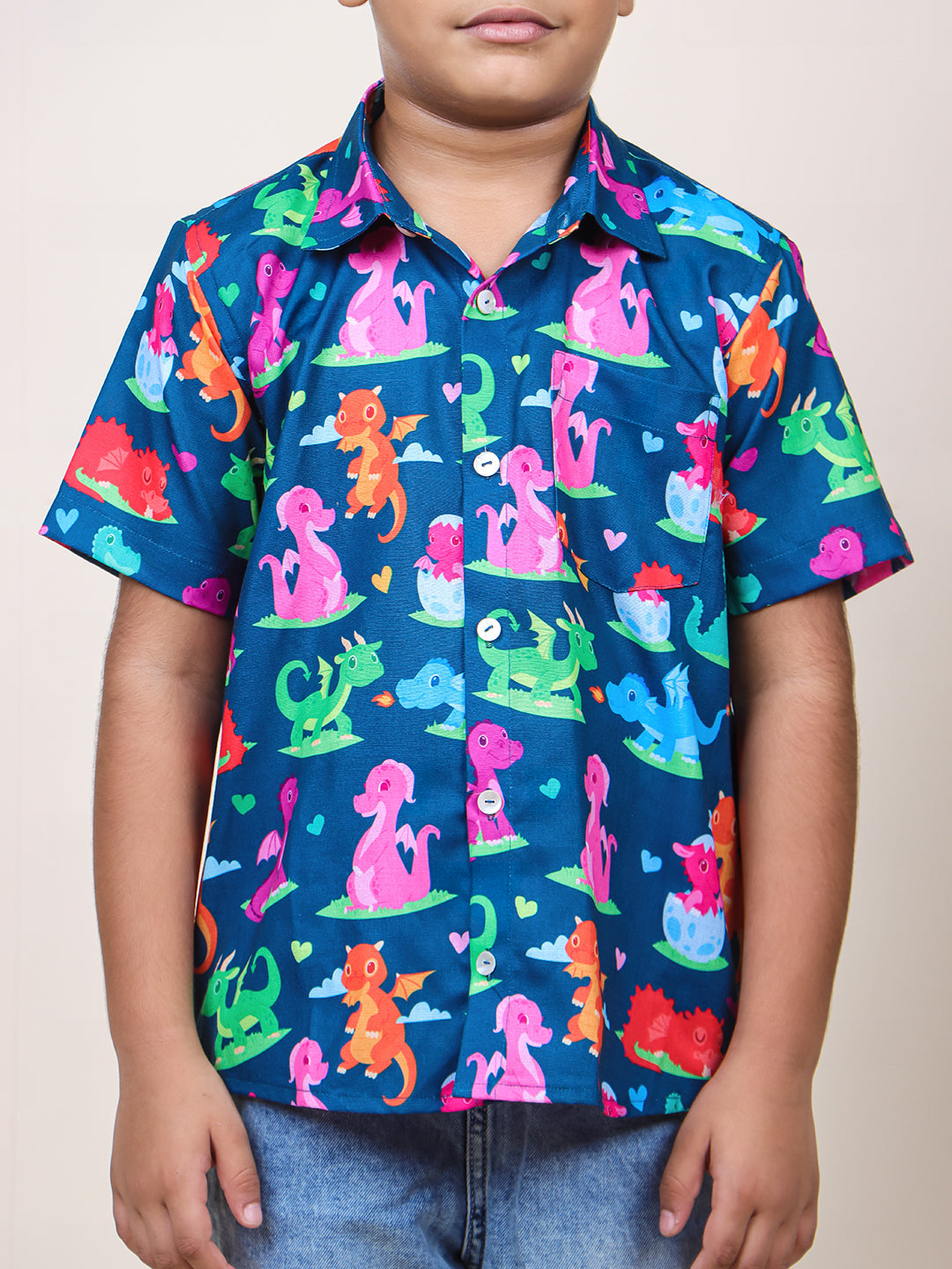 Boys Navy Blue Dinosaur Printed Cotton Shirt