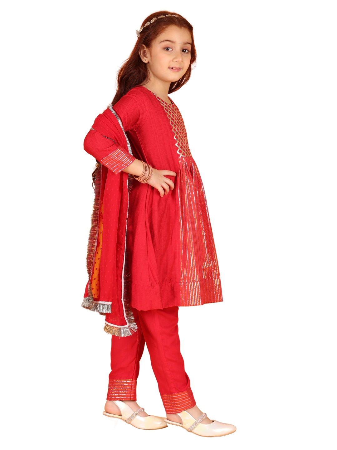 Jilmil Girls Anarkali Pink Silk Dress with Pant & Dupatta (set of 3)