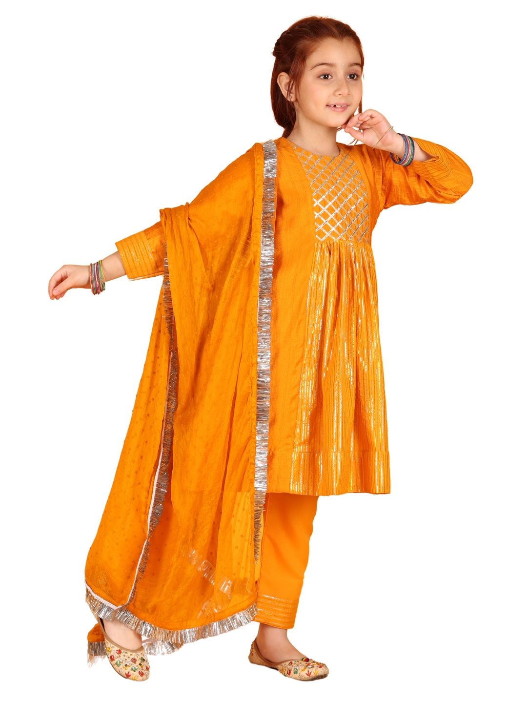 Jilmil Girls Anarkali Neon Orange Silk Dress with Pant & Dupatta (set of 3)