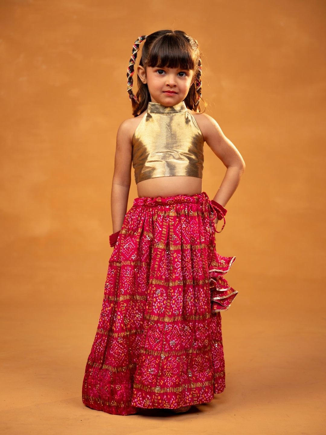 Golden Crop Top with Chinon Crushed Pink Lehenga (Set of 2)