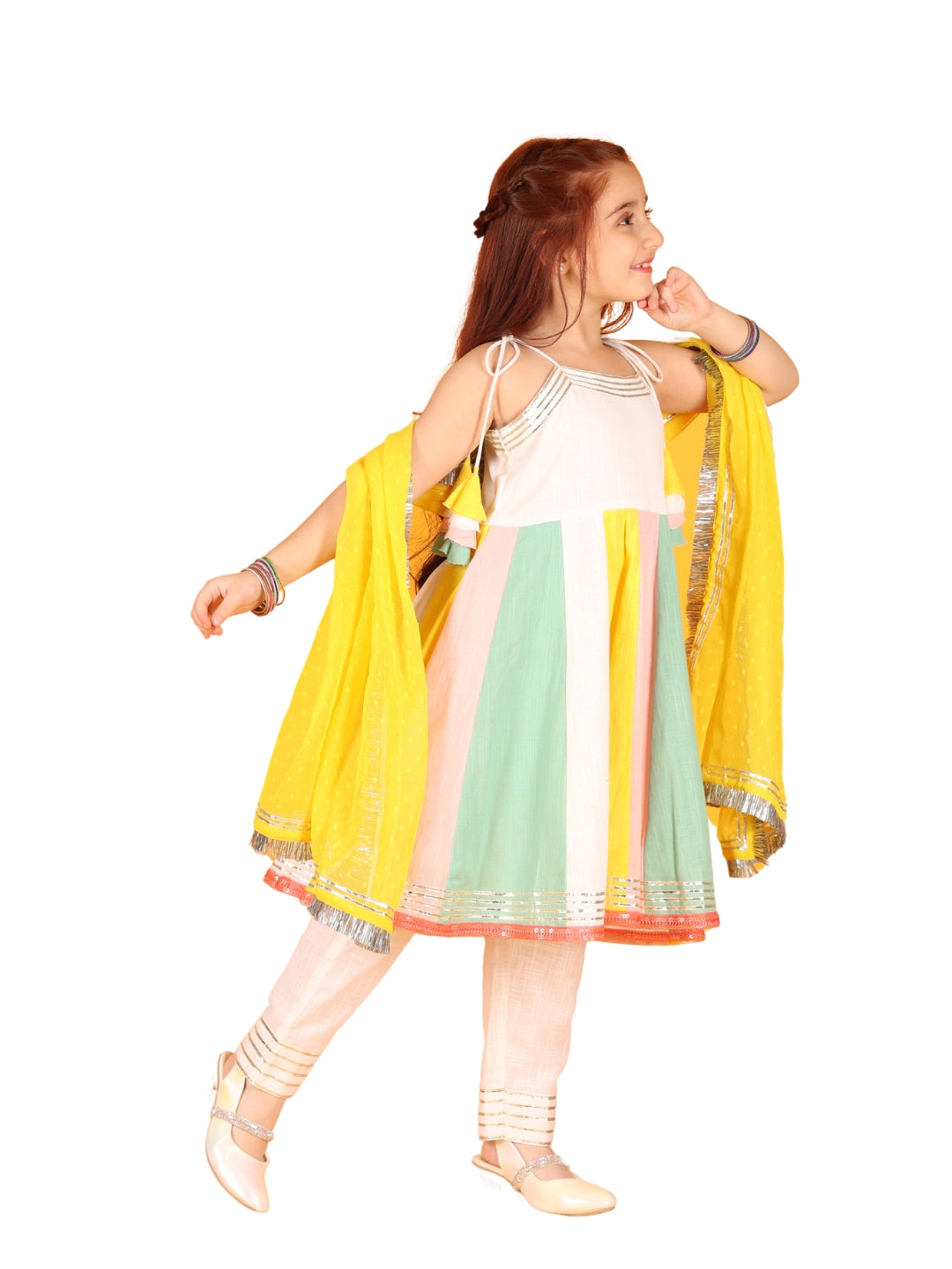 Jilmil Girls White Multicolor Cotton Dress with pant & Dupatta (set of 3)