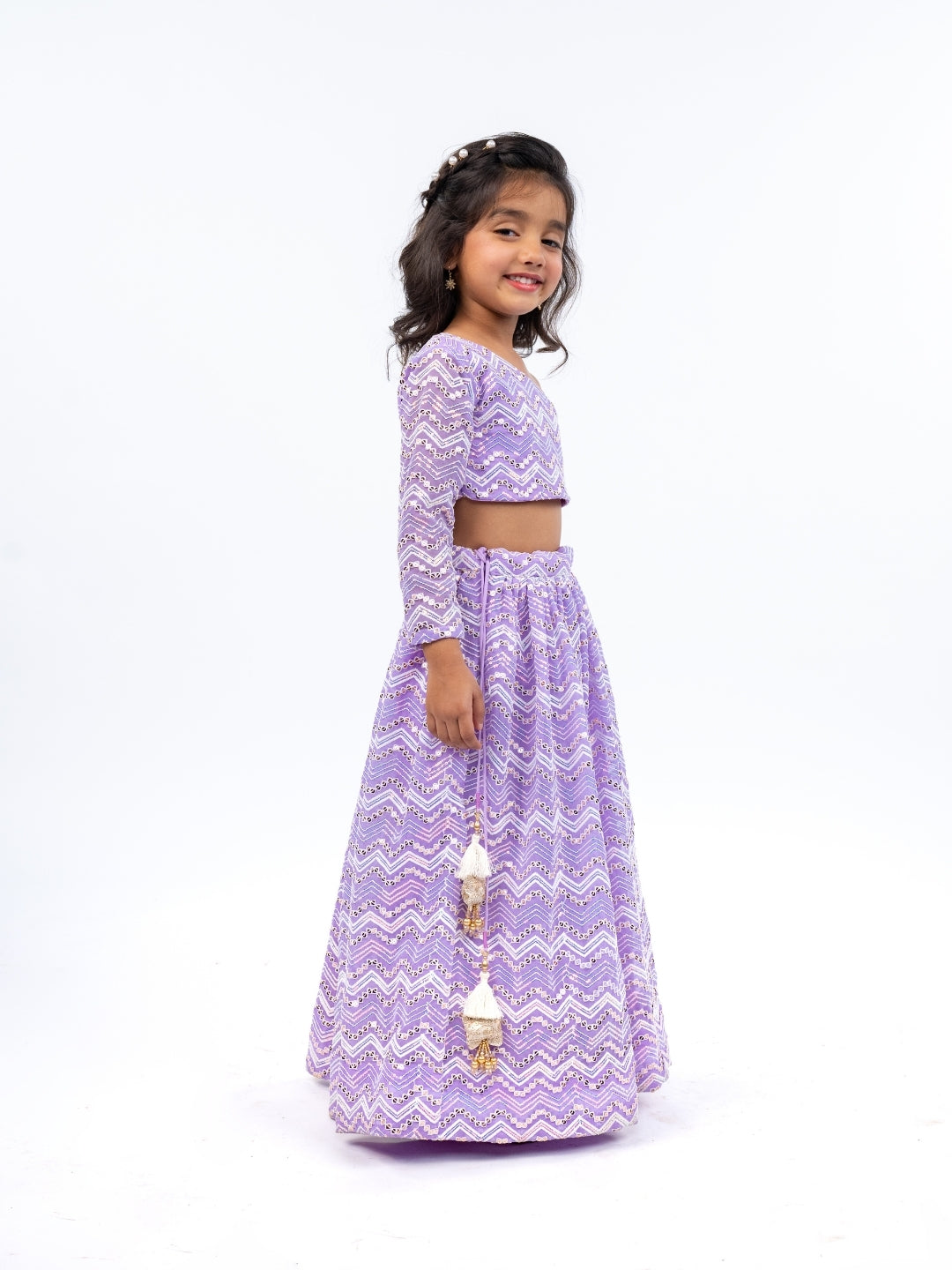 One Shoulder Purple Georgette Top with Georgette Lehenga (Set of 2)