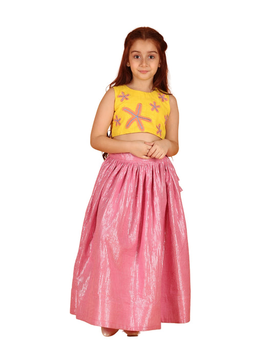 Jilmil Girls Yellow Stars Embroidered cotton crop top with Pink lehenga (set of 2)