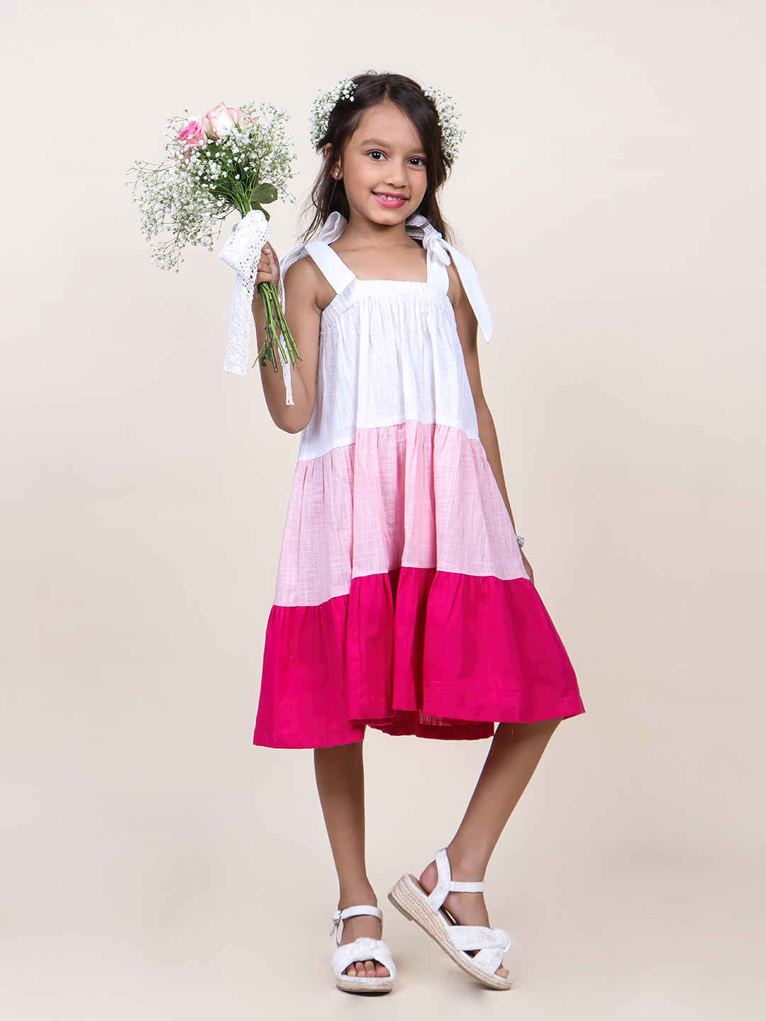 Girls Pink Colorblocked Layered Cotton Dress