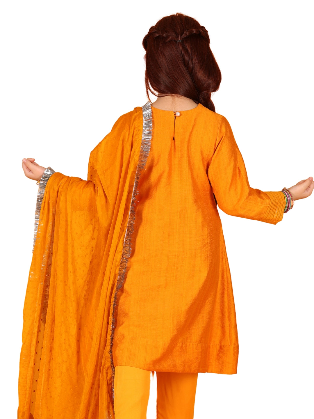 Jilmil Girls Anarkali Neon Orange Silk Dress with Pant & Dupatta (set of 3)