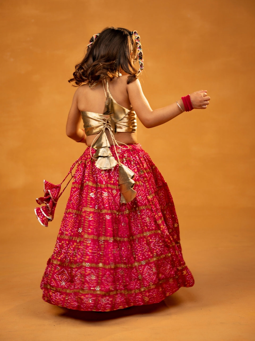 Golden Crop Top with Chinon Crushed Pink Lehenga (Set of 2)