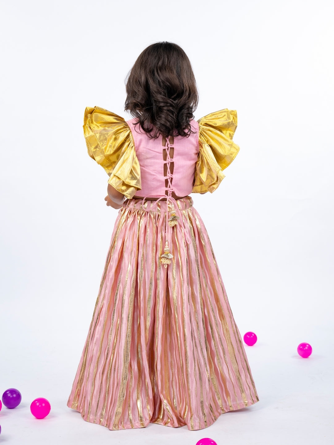 Golden Patch and Mirror Handworked Ruffled Sleeve Light Pink Top with Golden Striped Light Pink Bottom (Set of 2)