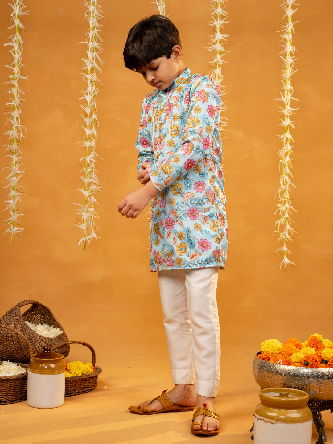 Flower Embroidered Sky Blue Kurta and Pant (Set of 2)