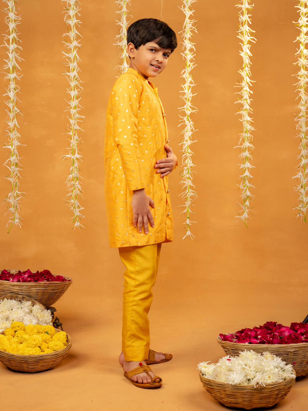 Yellow Kurta with Golden Buti and Pant (Set of 2)