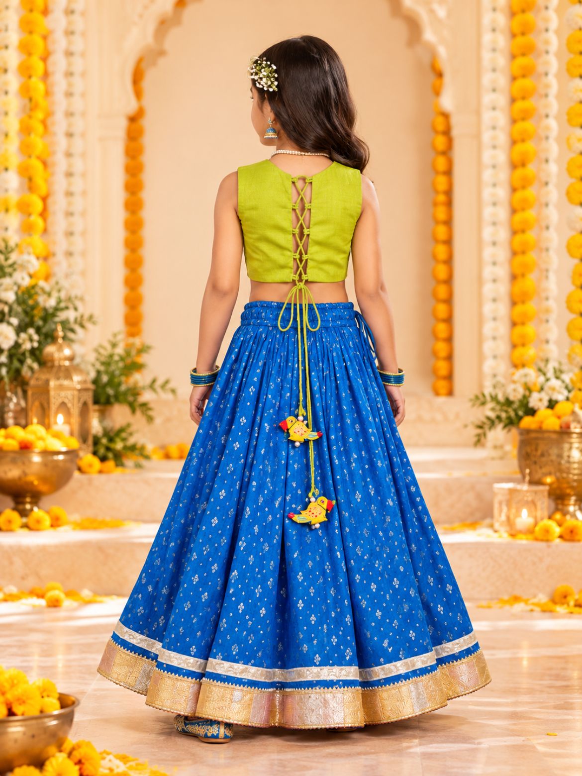 Girls Royal Blue Lehenga with Lime Green Blouse (Set of 2)