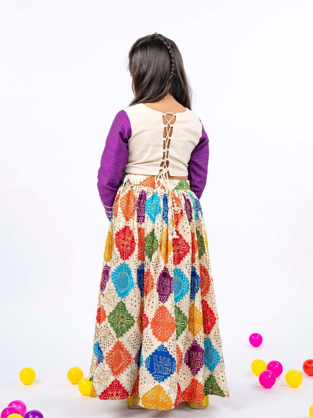 Off White & Purple Hand Embroidered Top and Multicoloured Embroidered Lehenga with Yellow Dupatta (Set of 3)