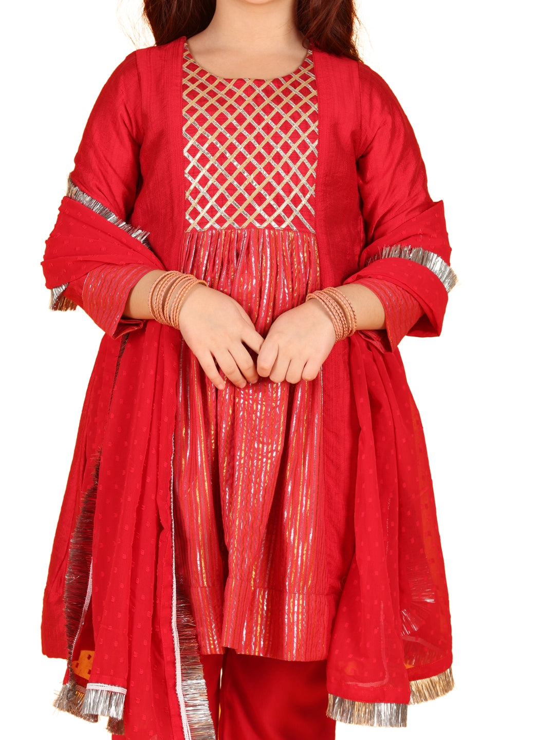 Jilmil Girls Anarkali Pink Silk Dress with Pant & Dupatta (set of 3)