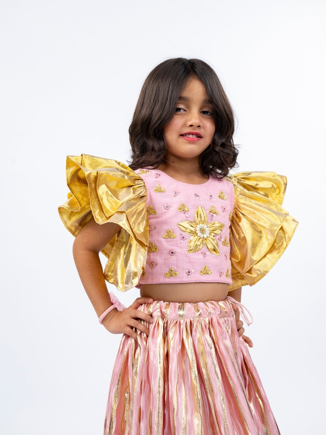 Golden Patch and Mirror Handworked Ruffled Sleeve Light Pink Top with Golden Striped Light Pink Bottom (Set of 2)