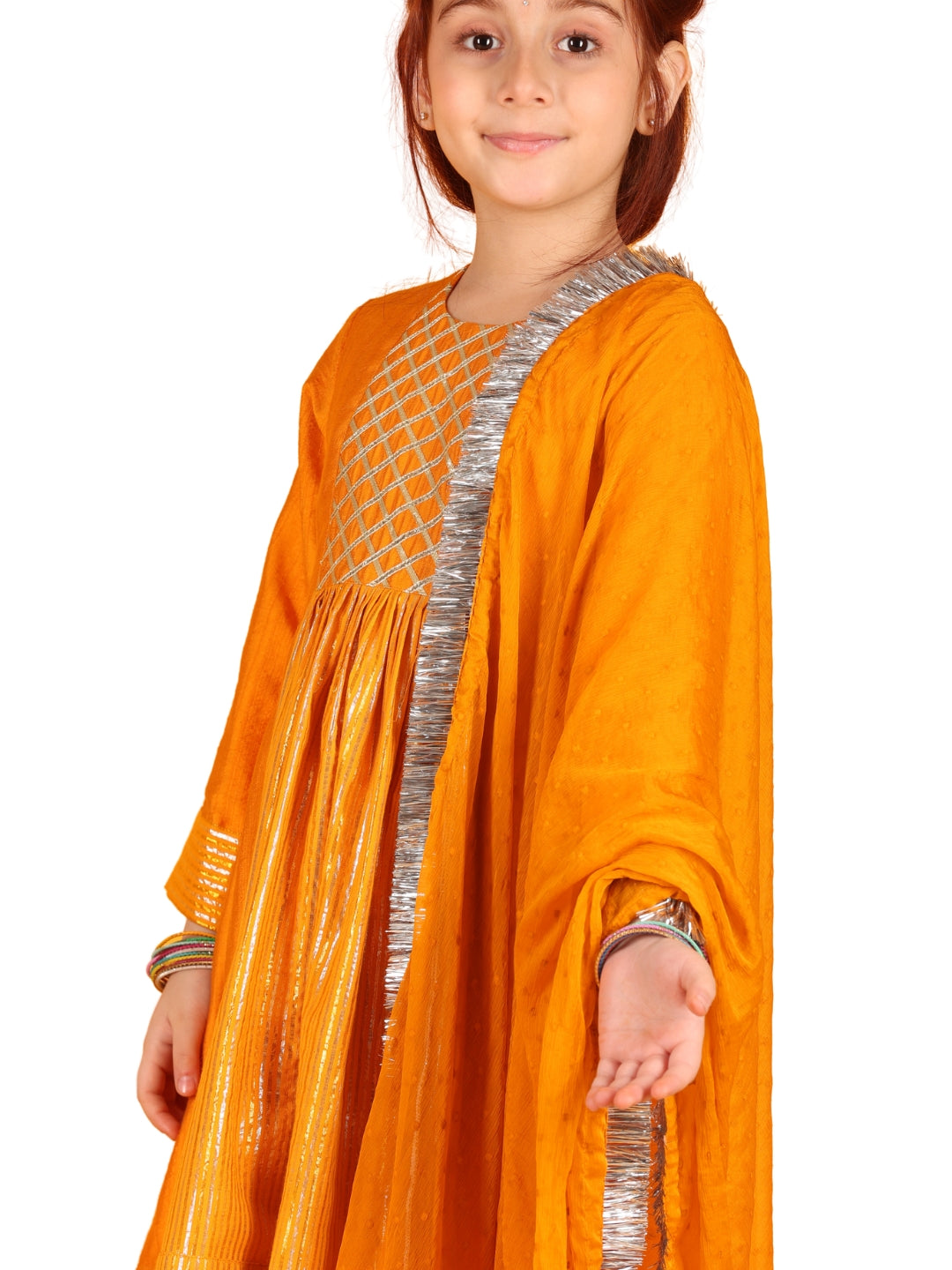 Jilmil Girls Anarkali Neon Orange Silk Dress with Pant & Dupatta (set of 3)