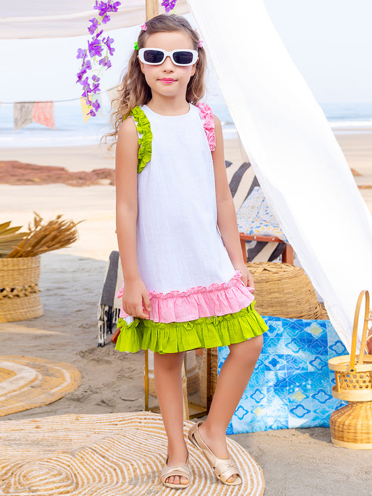 Girls Green and Pink Frilled White Cotton Dress