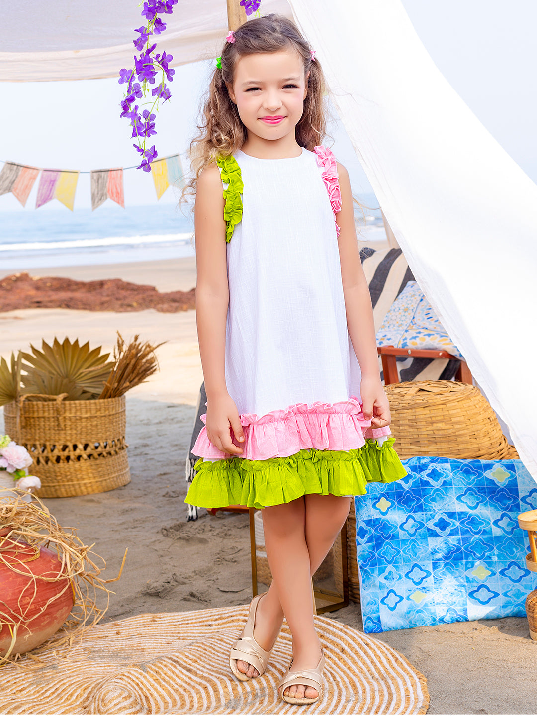 Girls Green and Pink Frilled White Cotton Dress