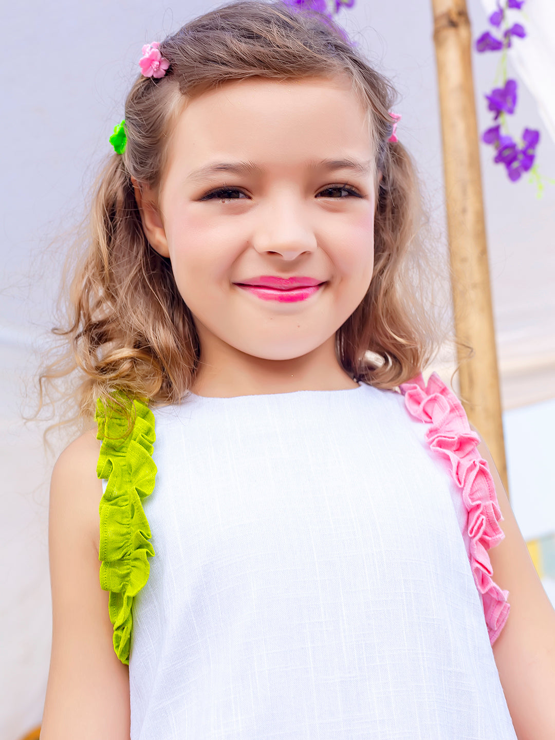 Girls Green and Pink Frilled White Cotton Dress