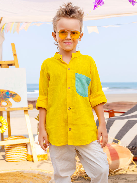 Boys Yellow Colourblocked Rolled up Cotton Shirt