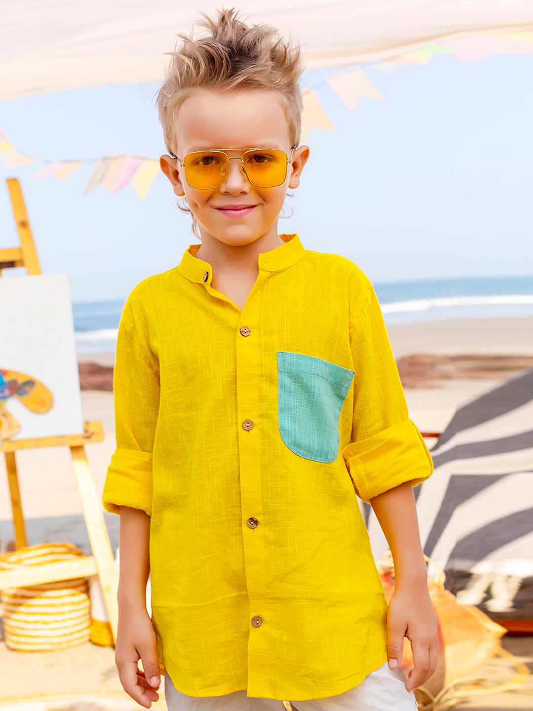 Boys Yellow Colourblocked Rolled up Cotton Shirt