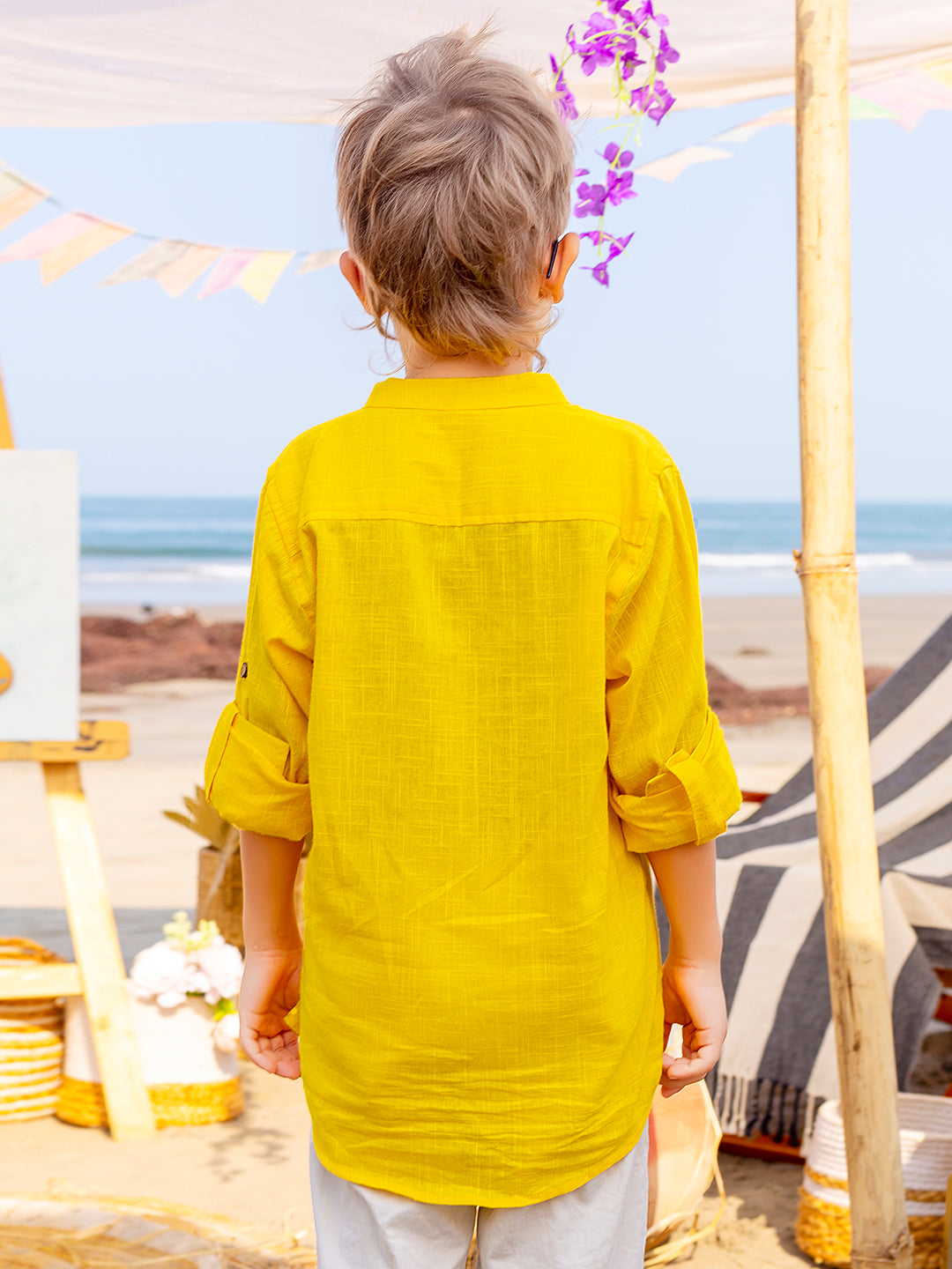 Boys Yellow Colourblocked Rolled up Cotton Shirt