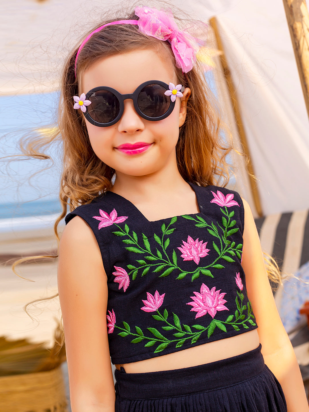 Girls Black Flower Embroidered Cotton Dress