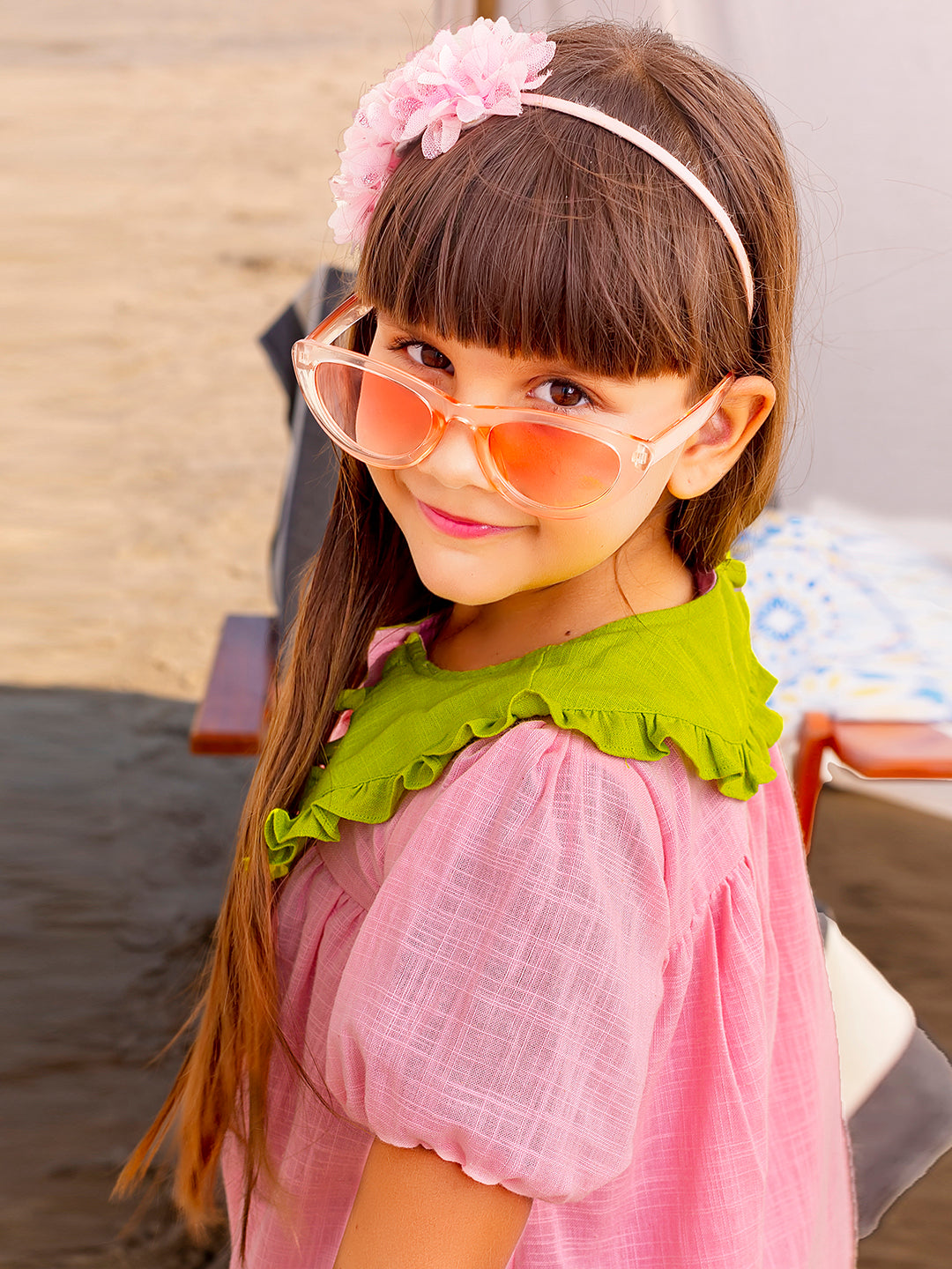 Girls Green Collar Pink Dress