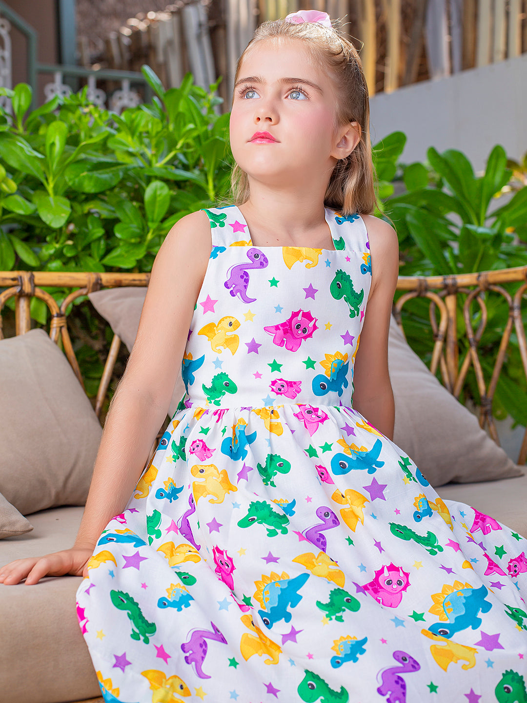 Girls White Dinosaur Printed Dress