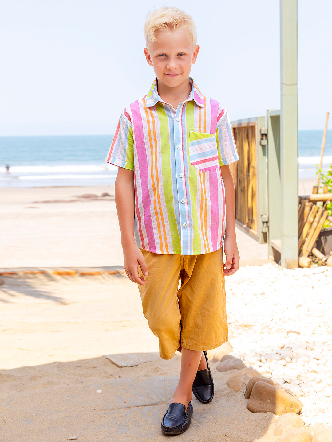 Boys Neon Stripes Half Sleeve Cotton Shirt