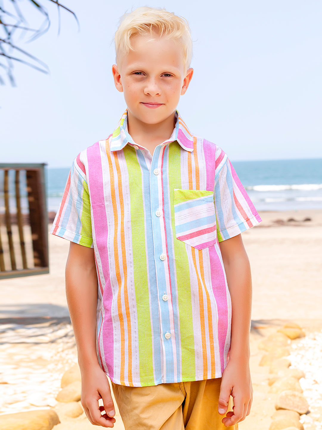 Boys Neon Stripes Half Sleeve Cotton Shirt