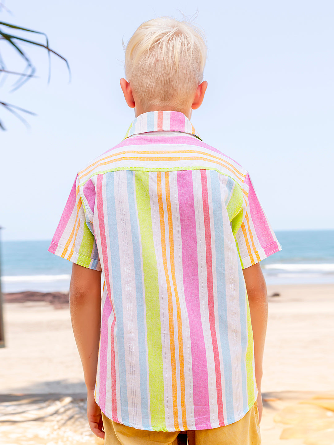 Boys Neon Stripes Half Sleeve Cotton Shirt