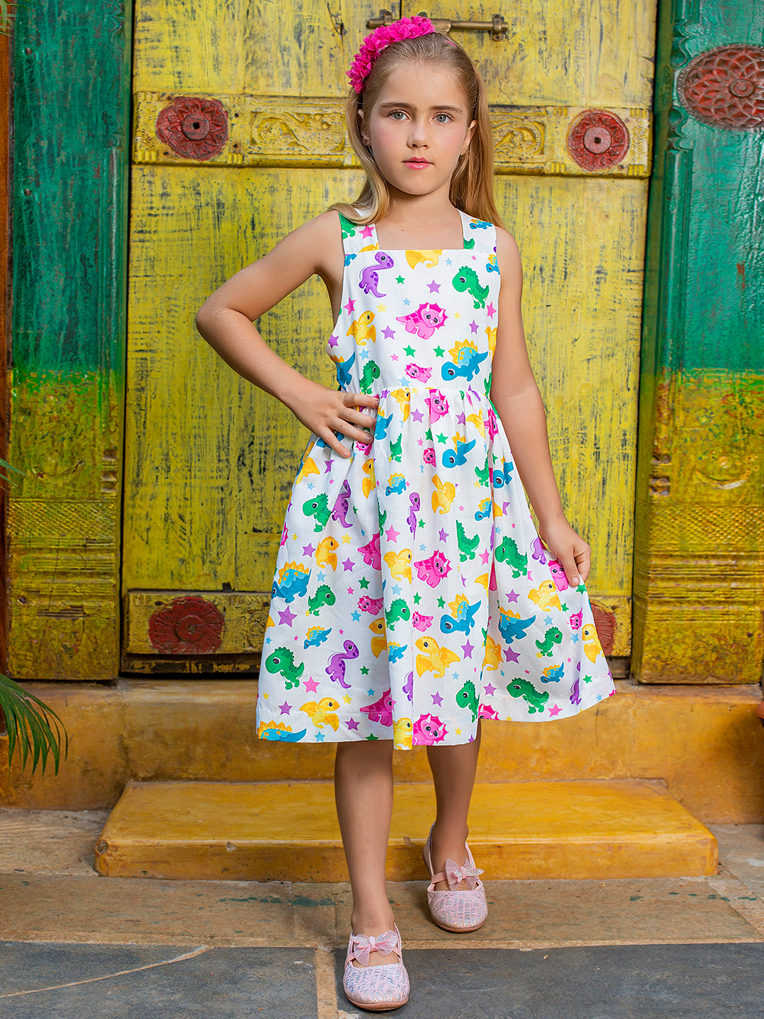 Girls White Dinosaur Printed Dress