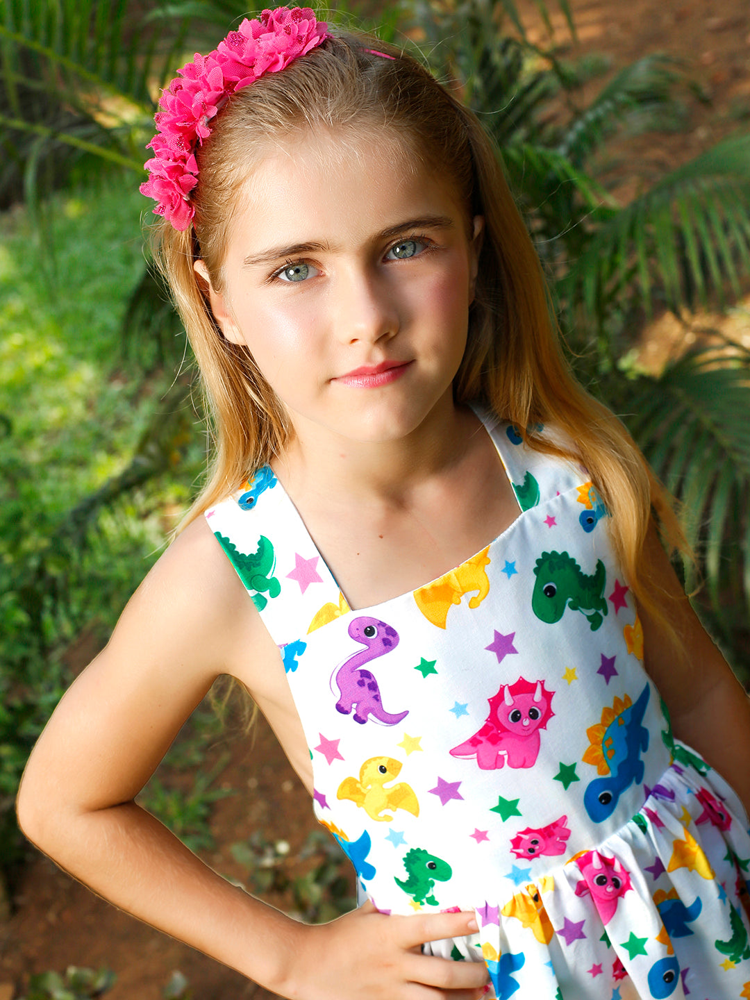 Girls White Dinosaur Printed Dress