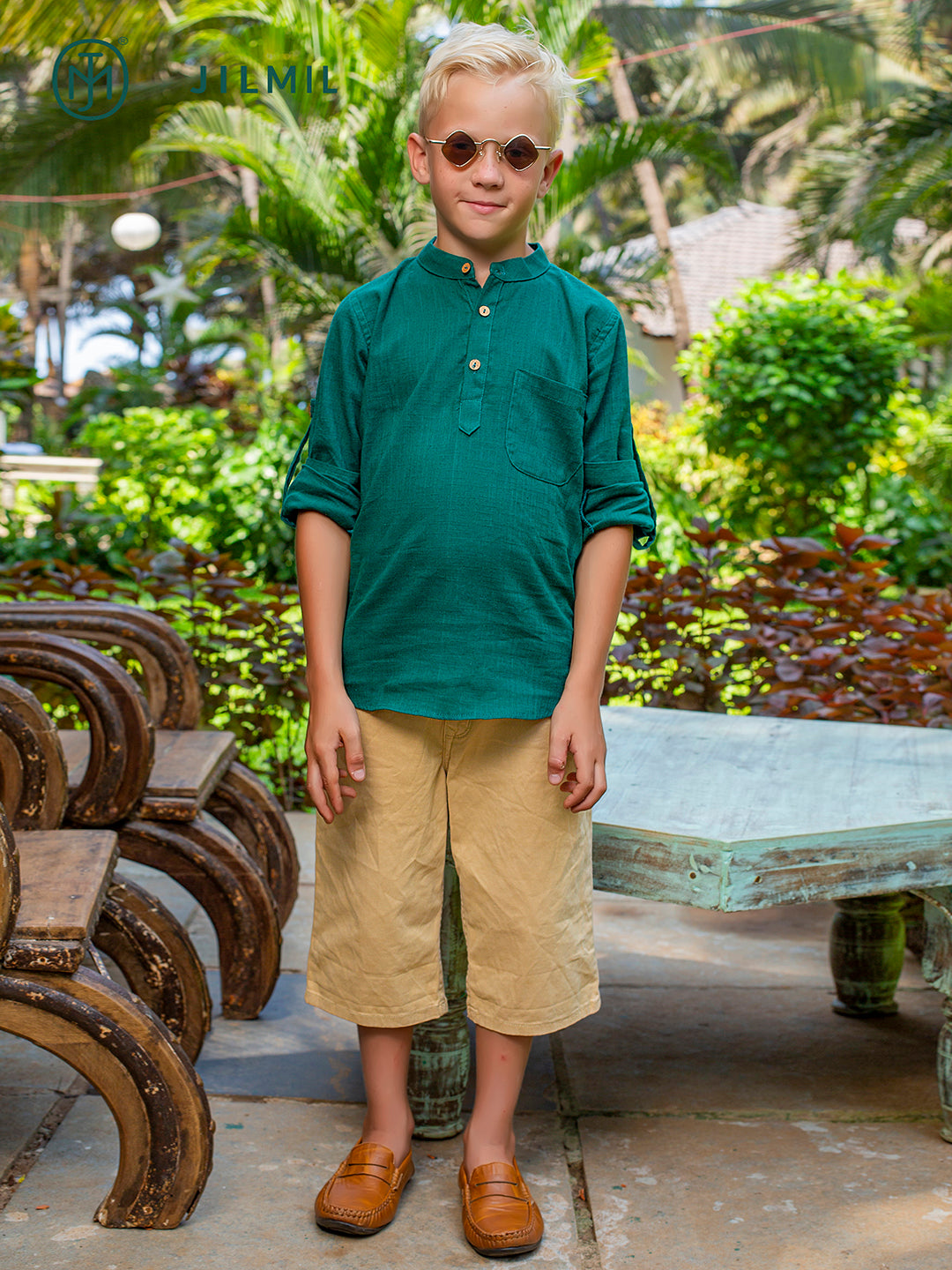 Boys Green Rolled Up Cotton Shirt