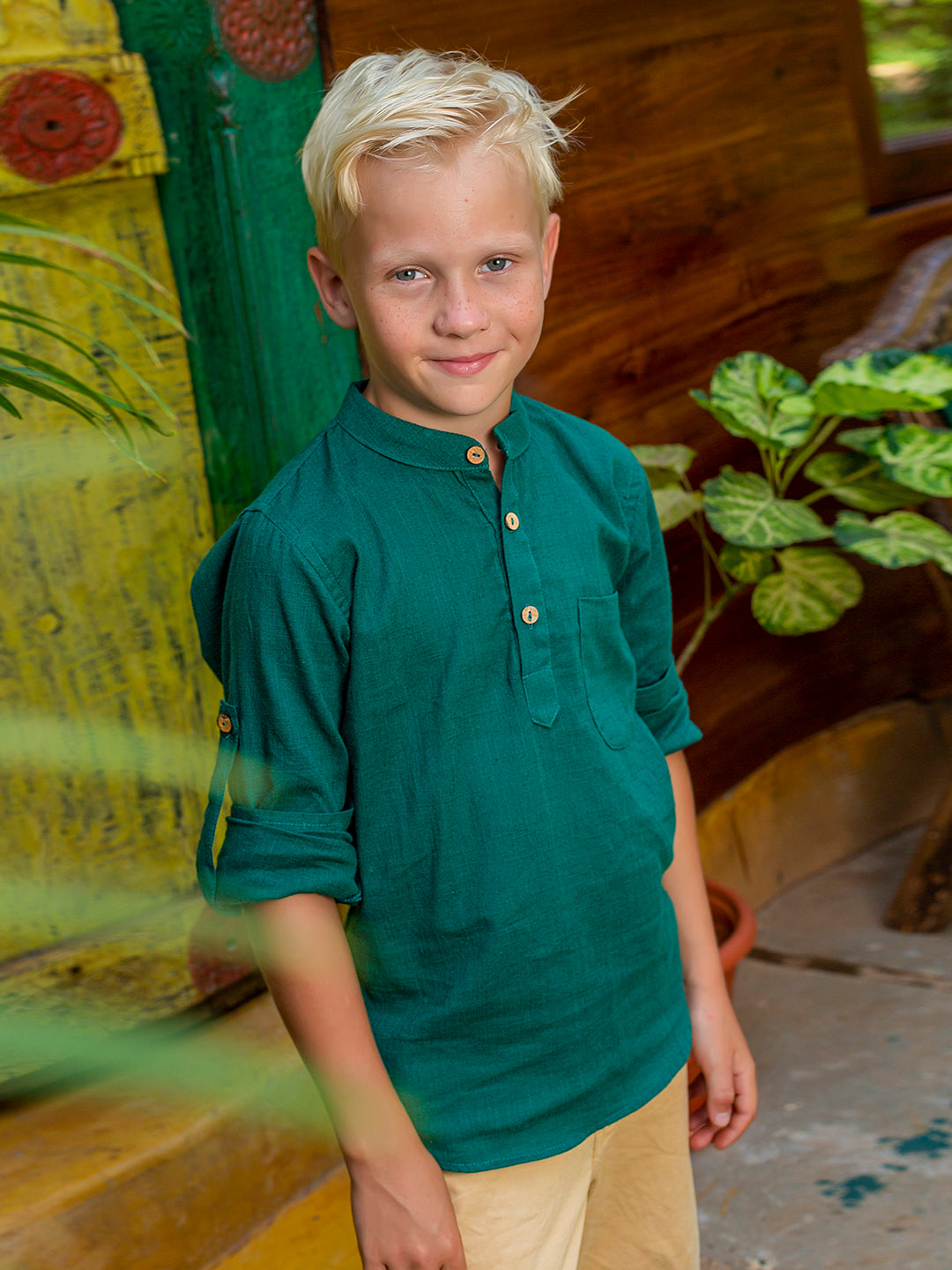 Boys Green Rolled Up Cotton Shirt