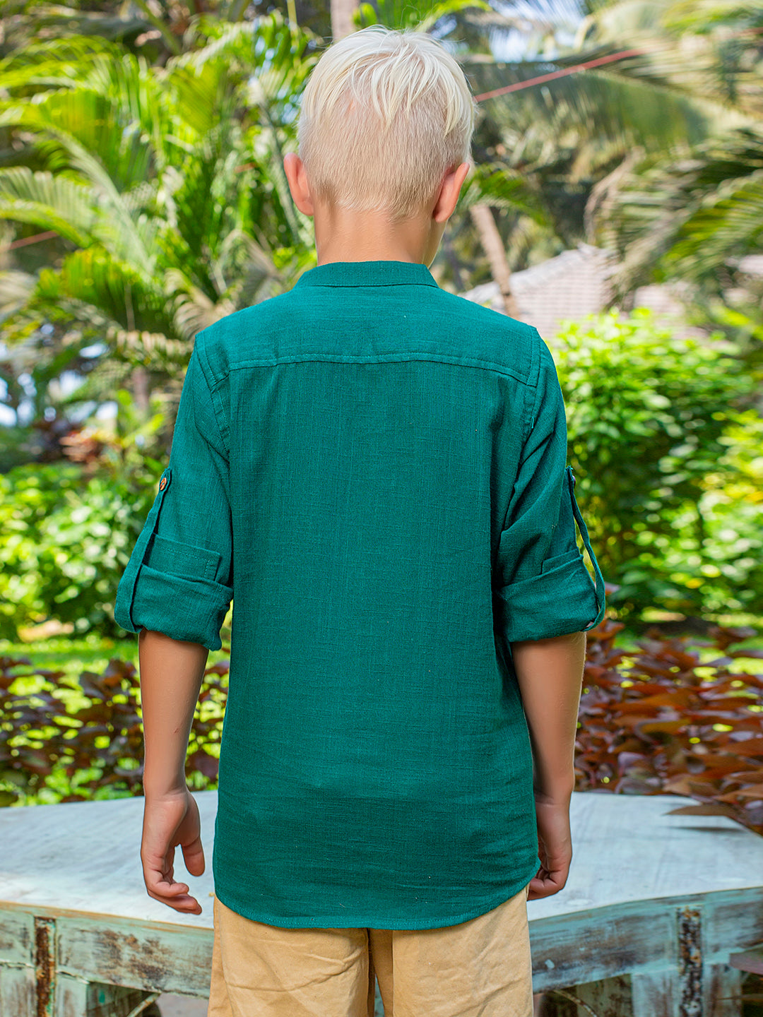 Boys Green Rolled Up Cotton Shirt